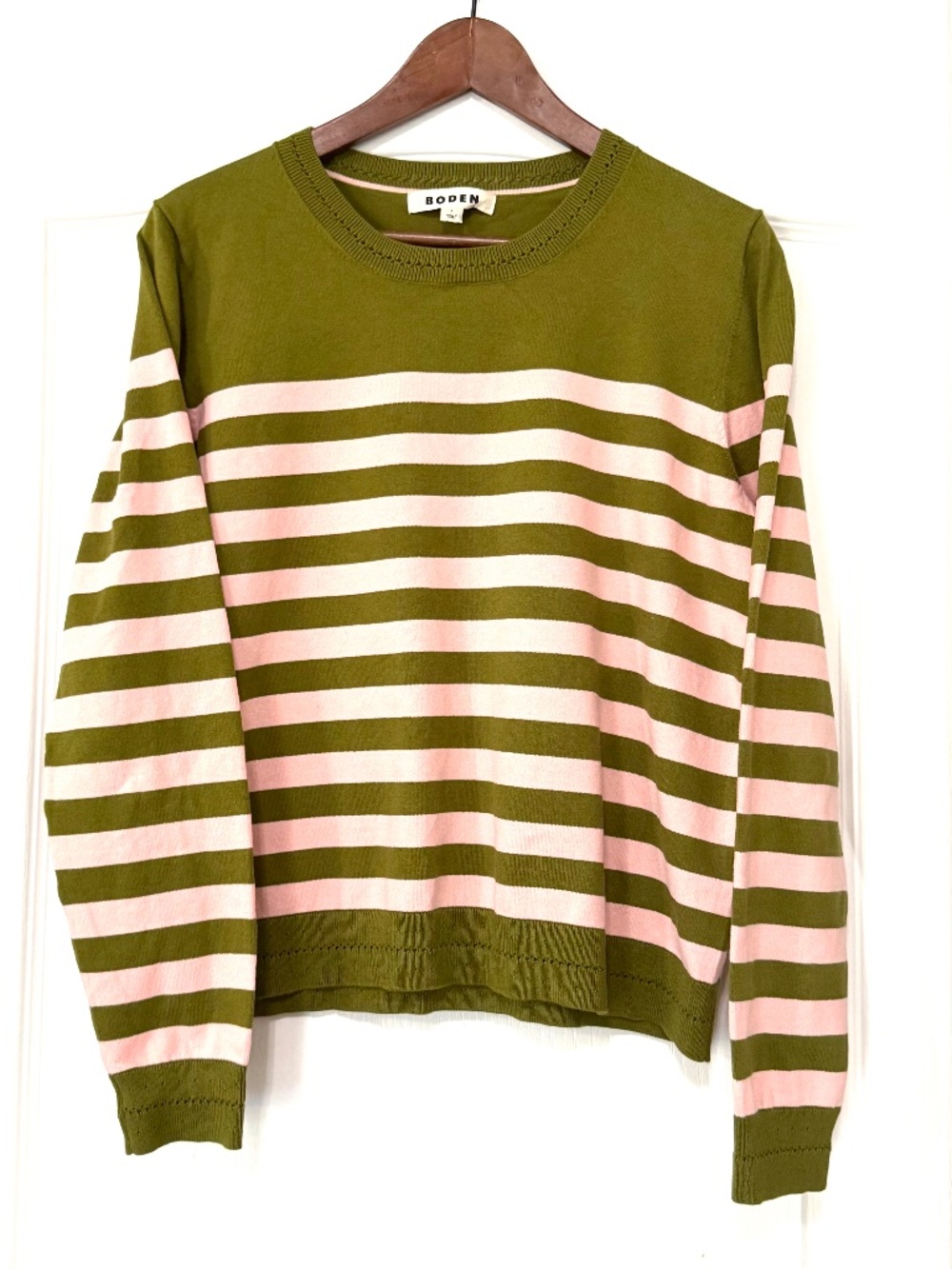 Boden Catriona Cotton Crew Neck Sweater Striped Pink Green Large